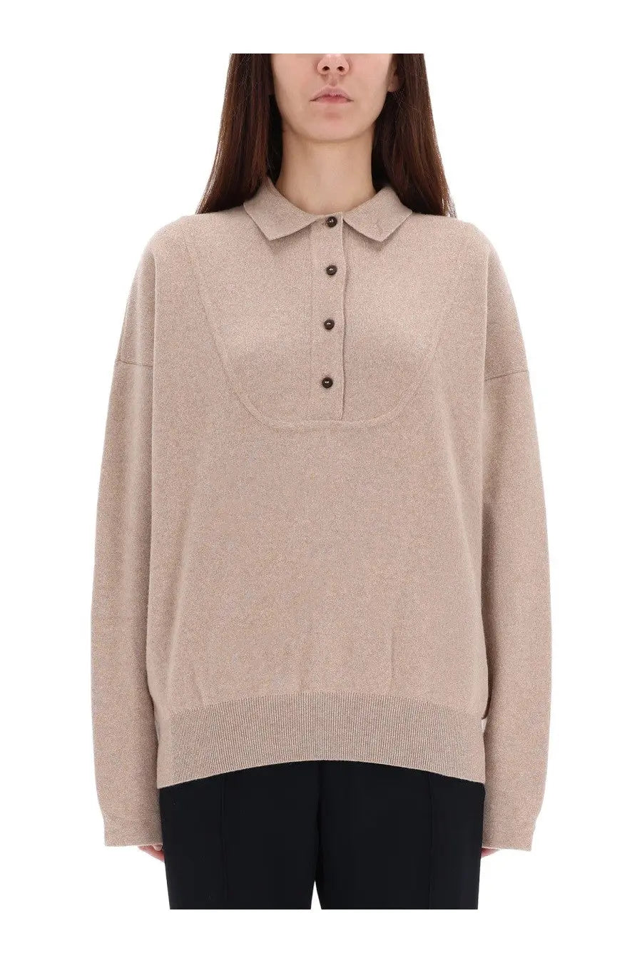 Beige knit polo sweater by Jacquemus featuring soft textured fabric and dark brown buttons