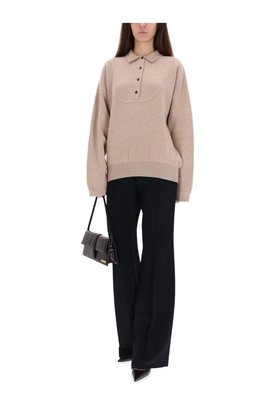 Beige oversized knit polo sweater by Jacquemus featuring a buttoned placket and ribbed cuffs