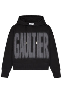 Black cropped hoodie felpa con by jean paul gaultier with bold gray pixelated gaultier lettering on chest