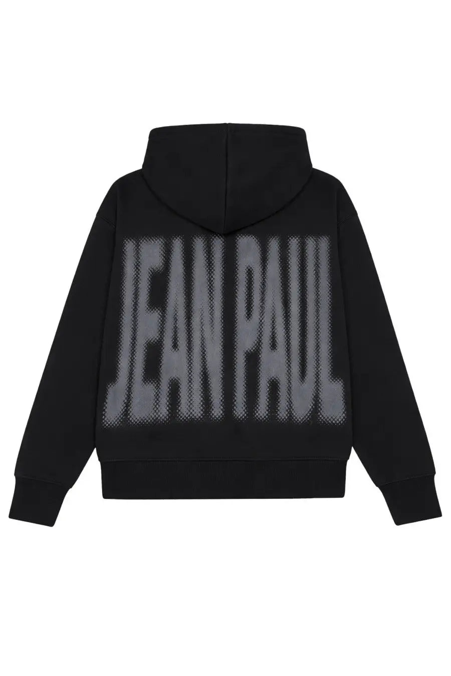Back side of black jean paul gaultier unisex felpa con hoodie with bold pixelated gray jean paul logo across the back