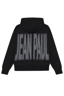 Back side of black jean paul gaultier unisex felpa con hoodie with bold pixelated gray jean paul logo across the back