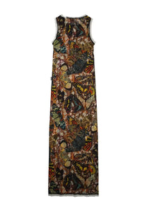 Jean Paul Gaultier women’s sleeveless floor-length abito lungo con stampa papillon multicolor in sheer mesh fabric