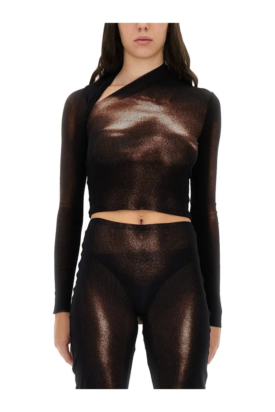 Black shimmering long-sleeved one-shoulder crop top by jean paul gaultier with body dust print in brown