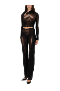 Shimmering black metallic long-sleeve crop top with high neckline and side cutout by jean paul gaultier