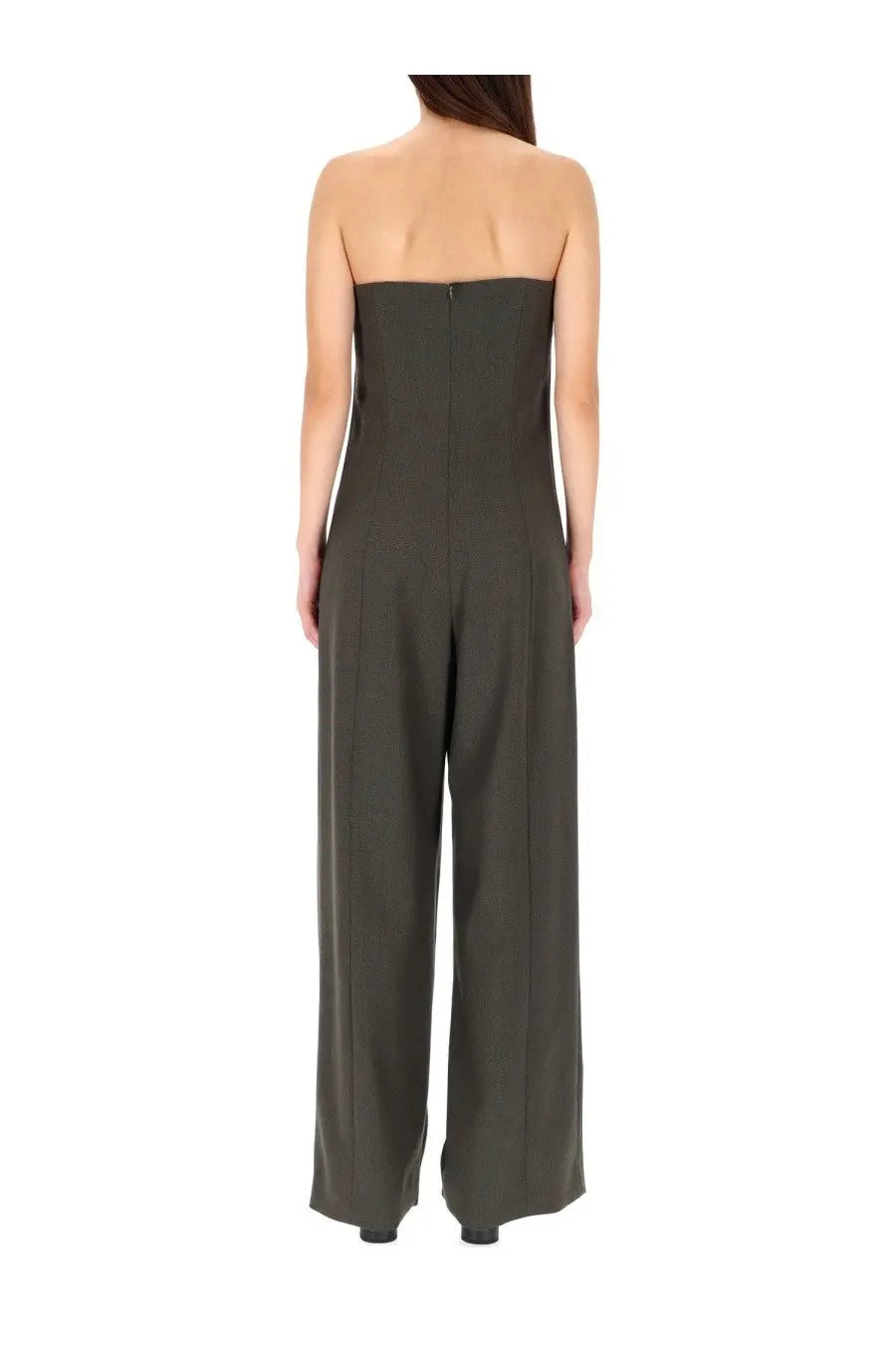 Jean Paul Gaultier women’s bustier suit in olive green with a tailored fit and wide-leg strapless jumpsuit design