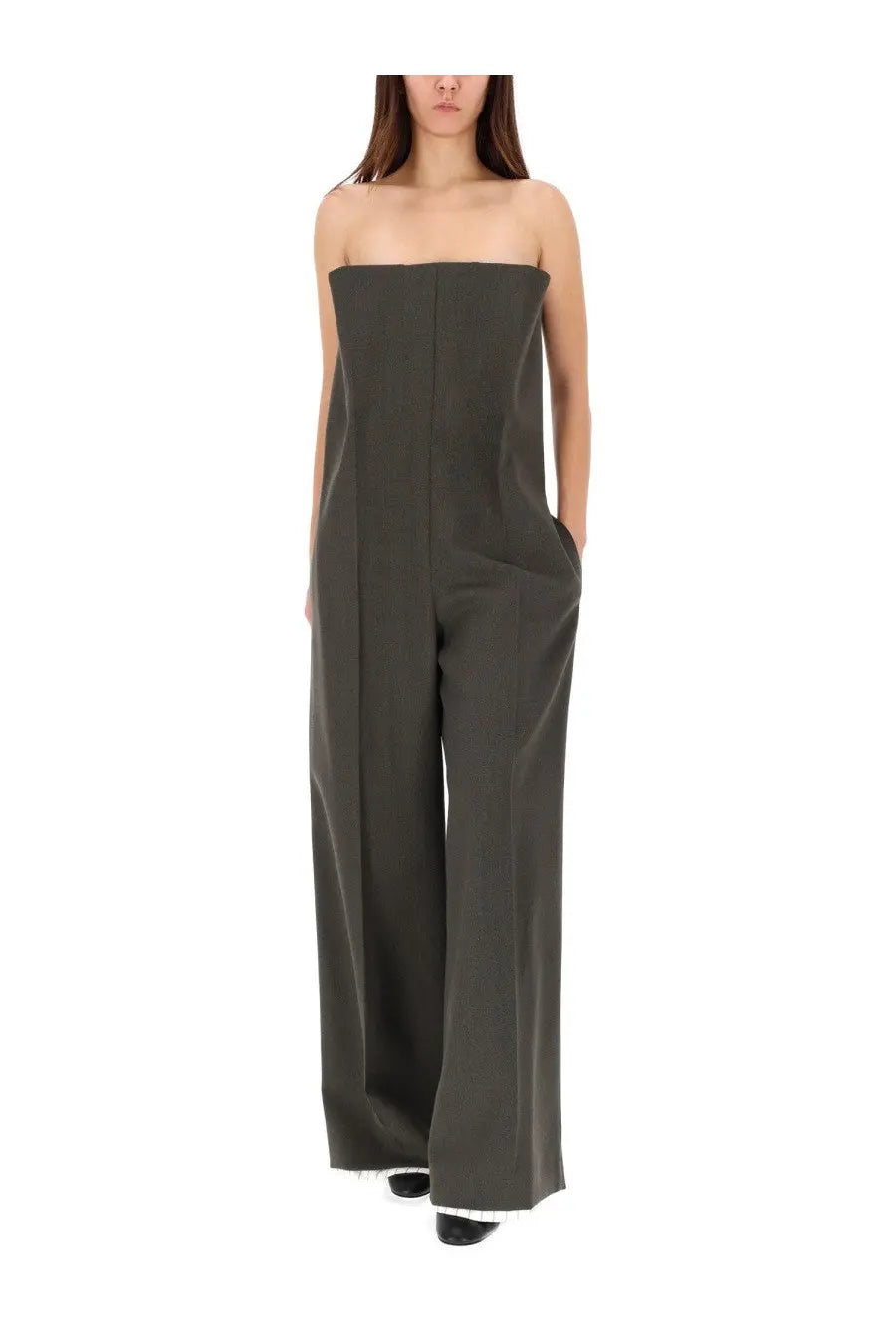 Jean Paul Gaultier women’s olive green strapless jumpsuit with wide-leg trousers and structured bodice