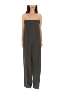 Jean Paul Gaultier women’s tailored olive-green strapless jumpsuit with wide-leg trousers and bustier suit design
