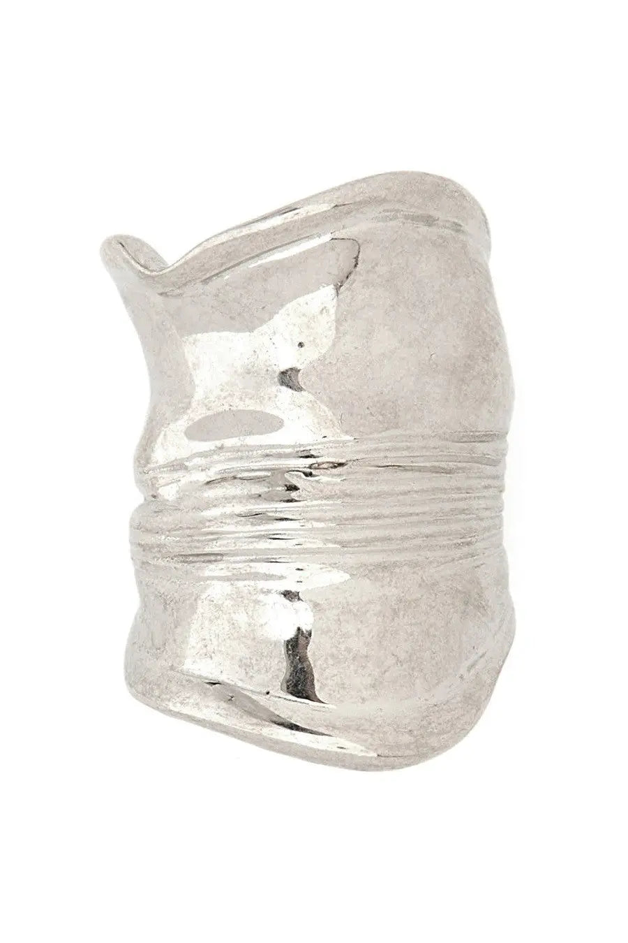 Silver hammered-textured cuff bracelet with sculpted ribbed design from jean paul gaultier womens the crushed can ring silver collection