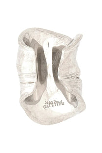 Silver sculptural ring with textured abstract design and jean paul gaultier engraving for women