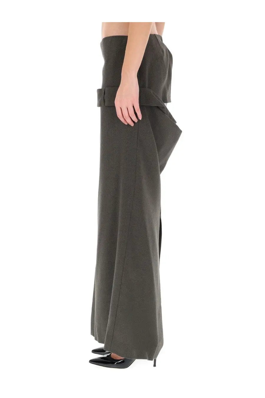 Olive green wide-leg trousers with high-waisted layered fabric detail inspired by jean paul gaultier deconstructed skirt gray