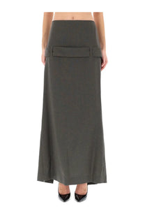 Jean Paul Gaultier women’s dark gray wool blend maxi skirt with structured waistband, flap pockets, and hem slit
