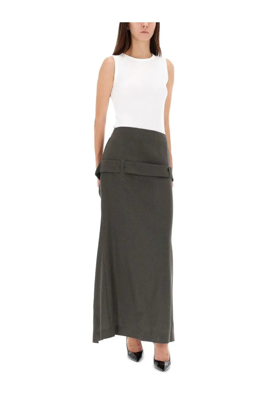 Jean Paul Gaultier women’s grey deconstructed skirt featuring a sleek olive-green high-waisted maxi style with front flap pockets