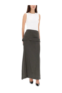 Jean Paul Gaultier women’s grey deconstructed skirt featuring a sleek olive-green high-waisted maxi style with front flap pockets