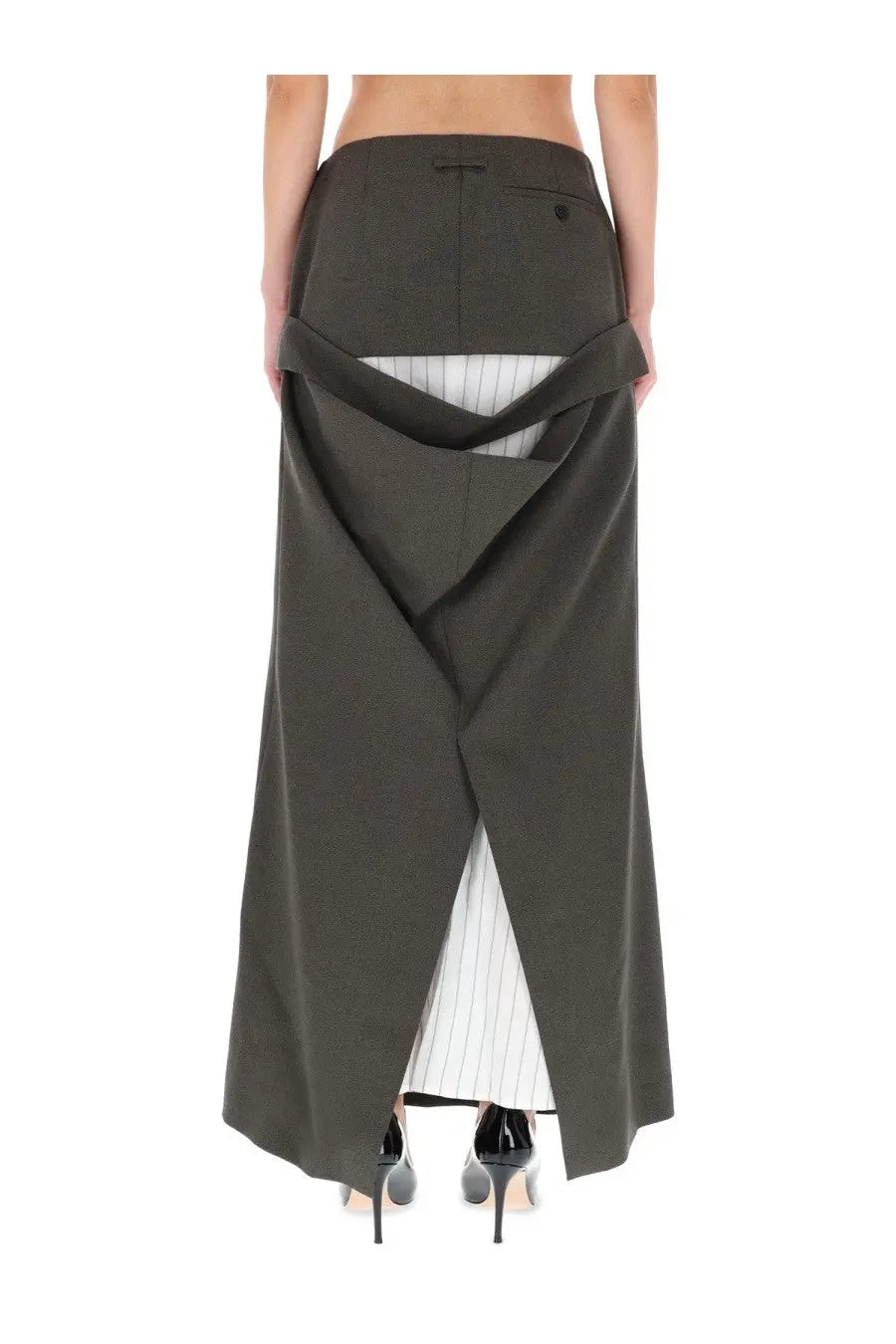 Jean Paul Gaultier women’s deconstructed wool skirt in olive green with bold asymmetrical cut and vertical pleats