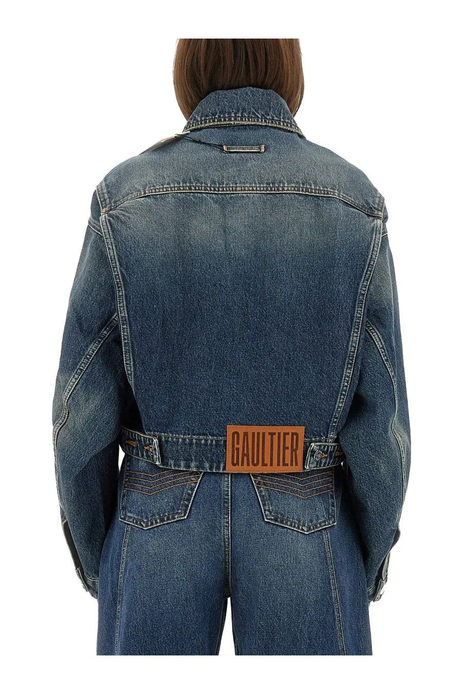 Jean Paul Gaultier women’s blue denim jacket with brown leather gaultier patch at the waist