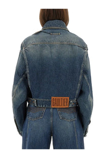 Jean Paul Gaultier women’s blue denim jacket with brown leather gaultier patch at the waist