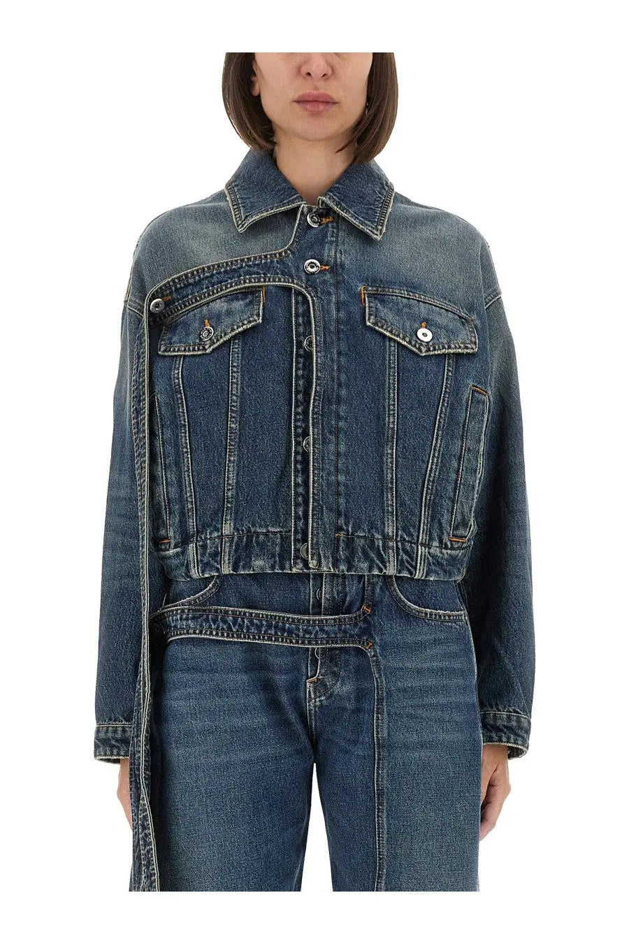 Jean Paul Gaultier women’s denim jacket blue with classic collar, button closures, and two front pockets