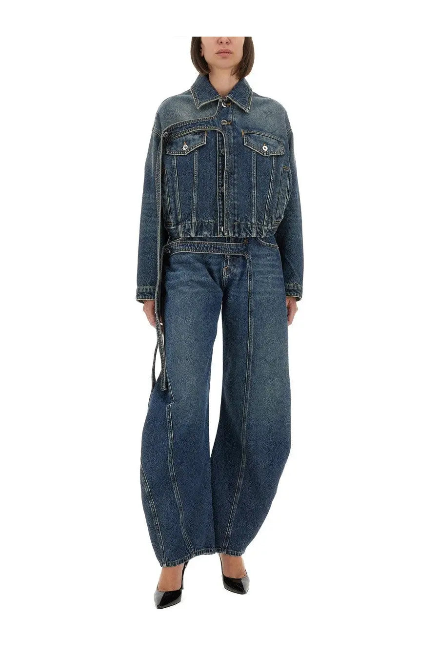 Jean Paul Gaultier women’s blue denim jacket with classic collar front button closure and silver-toned chest pockets