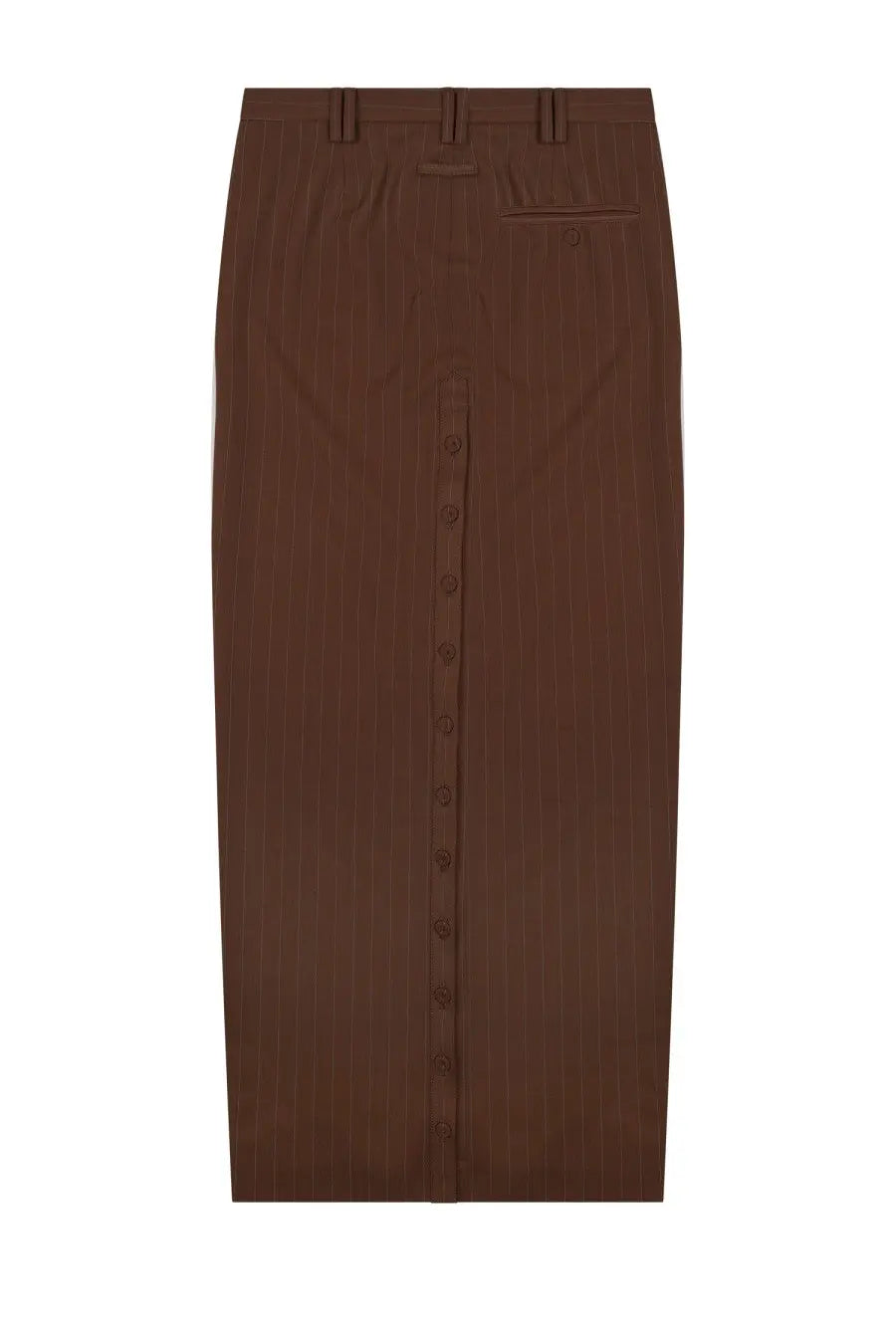 Jean Paul Gaultier women’s brown pinstripe midi skirt with central button closure and belt loops