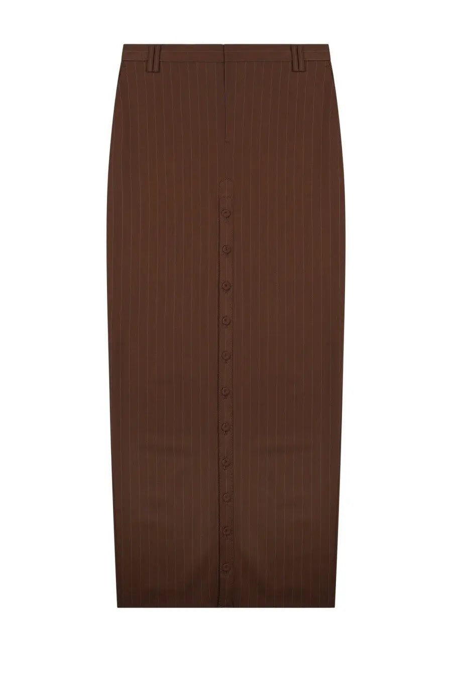 Jean Paul Gaultier women’s brown pinstripe midi skirt with central button closure and belt loops