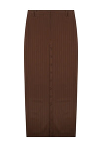 Jean Paul Gaultier women’s brown pinstripe midi skirt with central button closure and belt loops