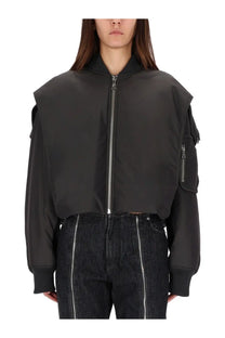 Jean Paul Gaultier women’s black cropped bomber jacket with structured shoulders and silver zippers
