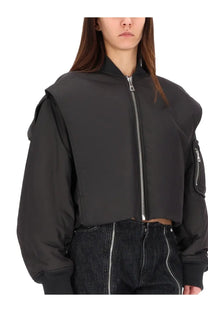 Jean Paul Gaultier women’s grey hooded bomber jacket with black cropped puffy sleeves and silver zippers