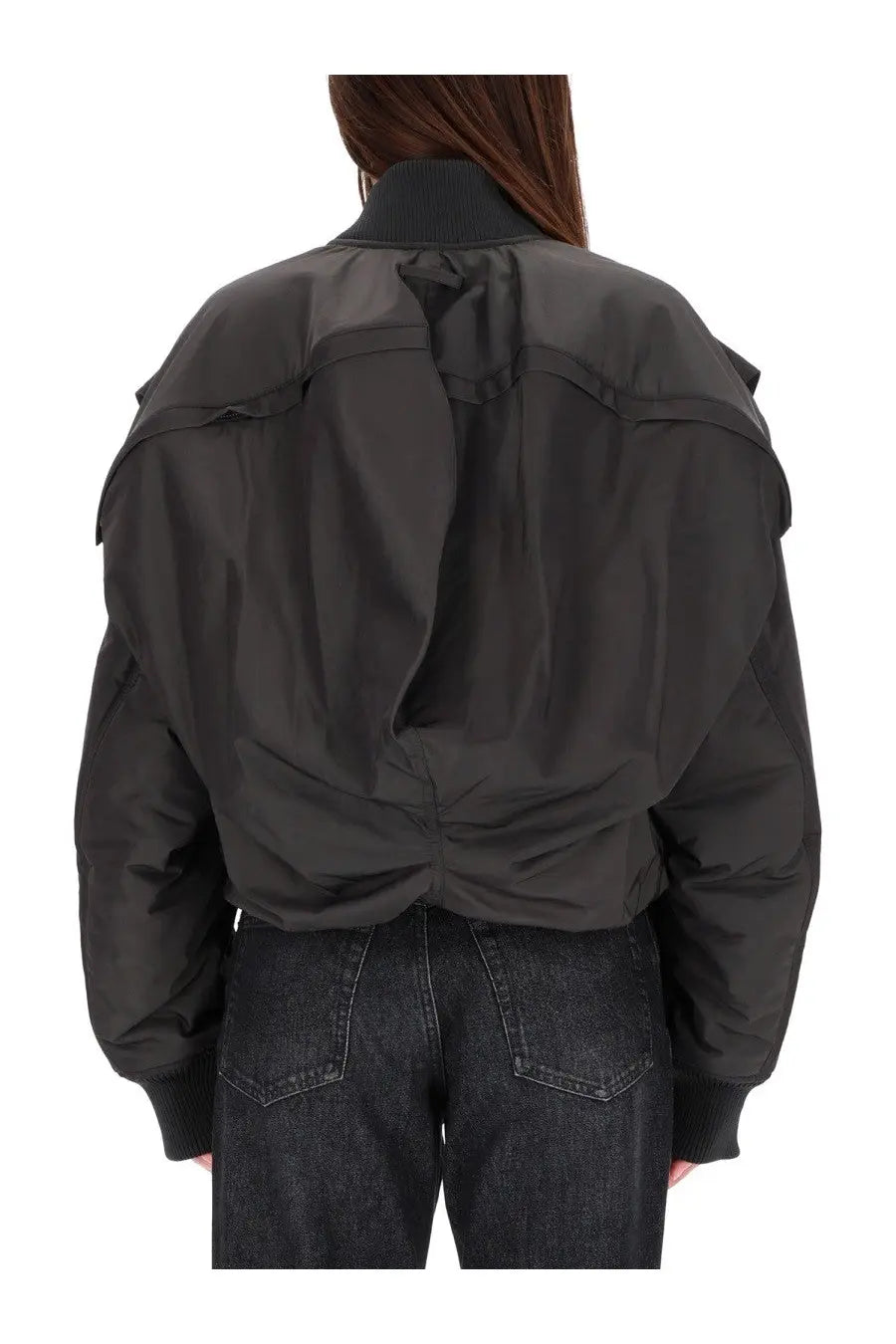 Jean paul gaultier women’s grey hooded bomber jacket with puffed shoulders ribbed collar and black fabric details