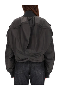 Jean paul gaultier women’s grey hooded bomber jacket with puffed shoulders ribbed collar and black fabric details