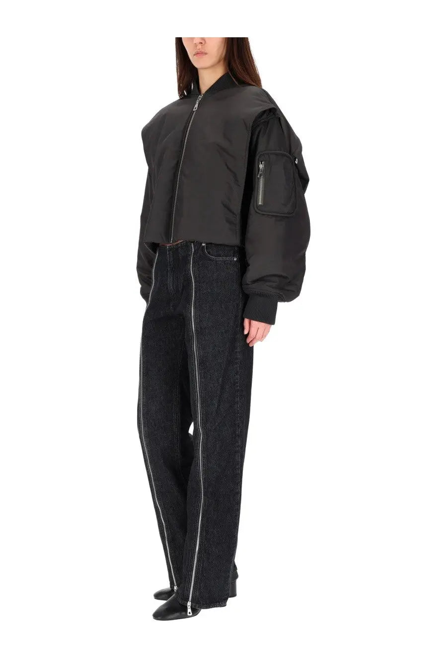 Jean Paul Gaultier women’s grey hooded bomber jacket with puffy sleeves and zippered chest pocket