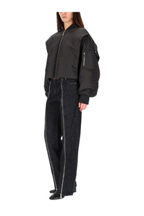 Jean Paul Gaultier women’s grey hooded bomber jacket with puffy sleeves and zippered chest pocket
