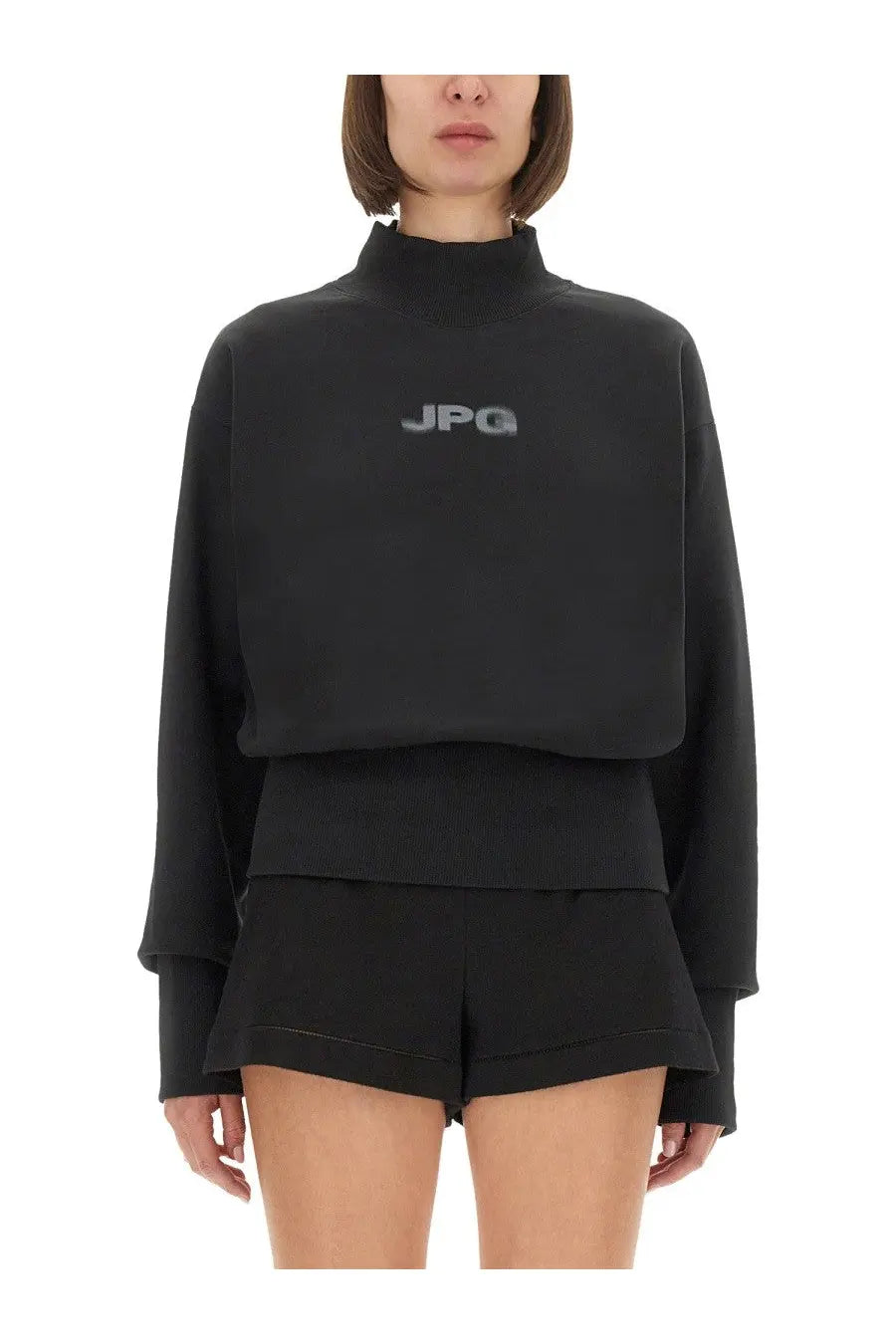 Jean Paul Gaultier women’s black cropped sweatshirt with high neckline and layered ribbed hem in soft fabric