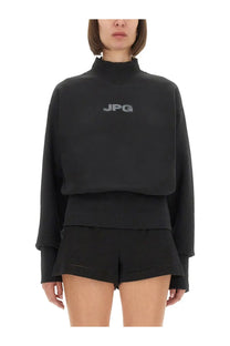 Jean Paul Gaultier women’s black cropped sweatshirt with high neckline and layered ribbed hem in soft fabric
