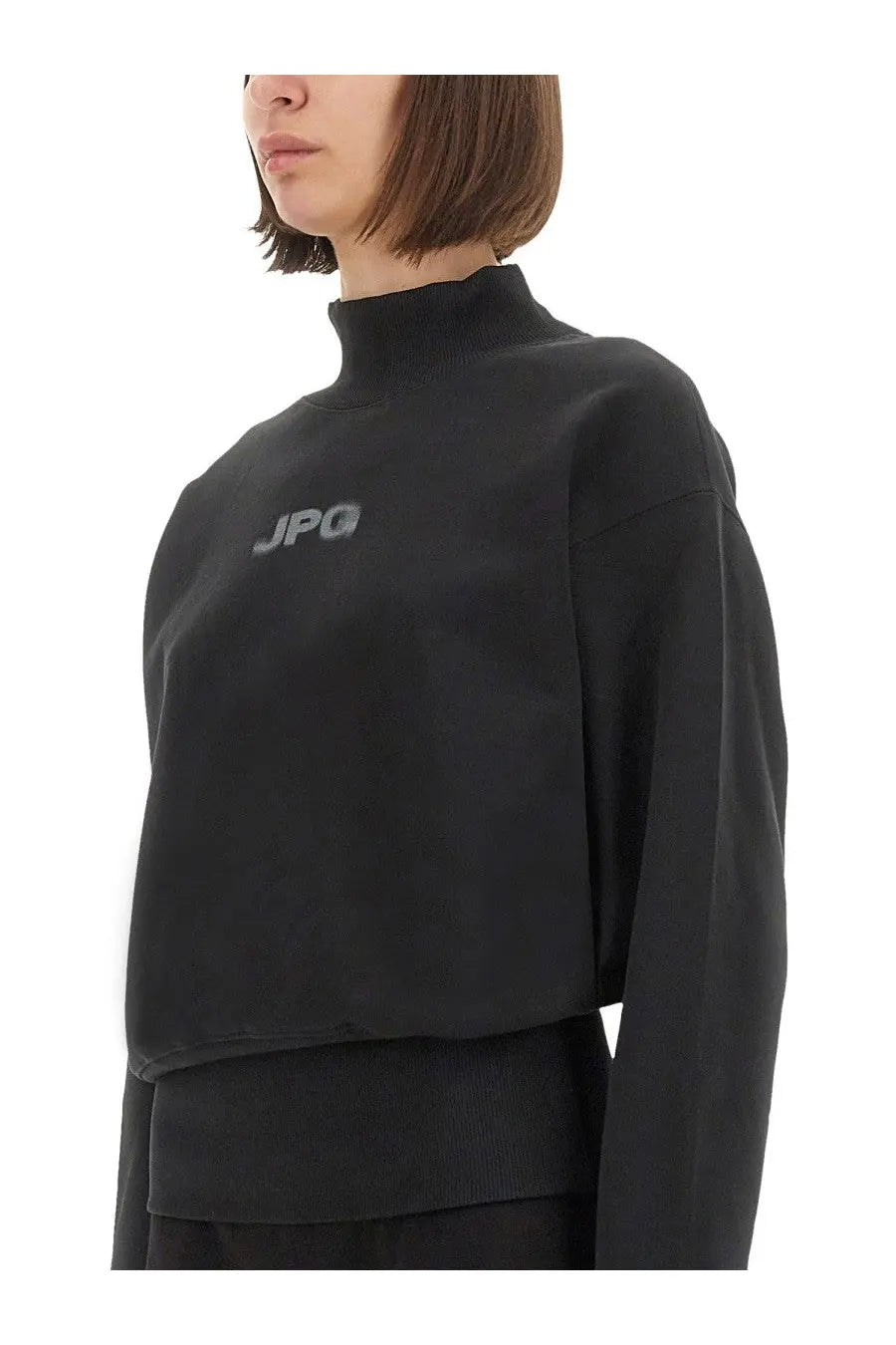 Jean Paul Gaultier women’s black cropped turtleneck sweatshirt with subtle gray jpg logo embroidered on the chest