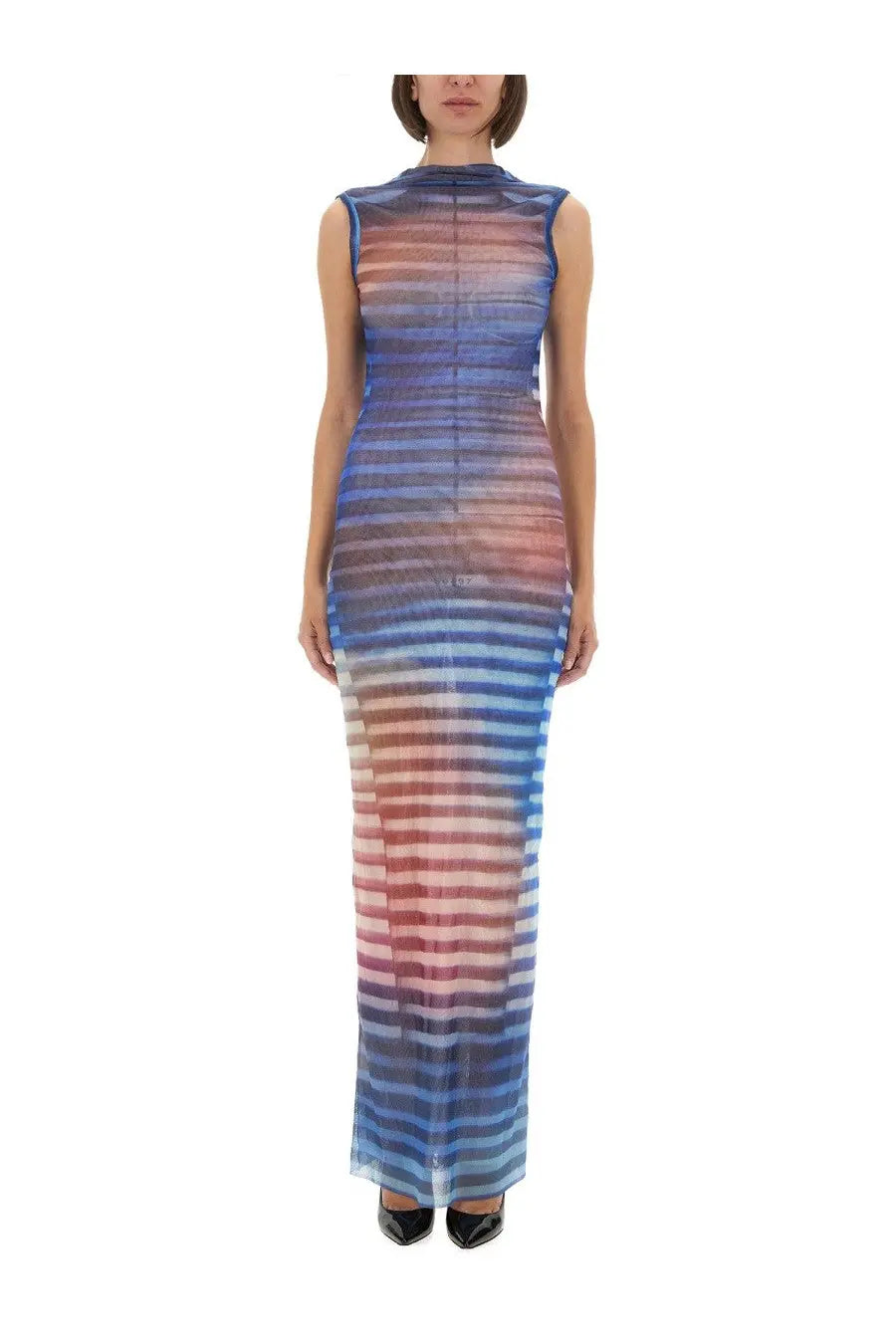 Jean Paul Gaultier women’s sleeveless floor-length dress with sheer gradient-striped fabric in blue to pink