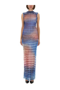 Jean Paul Gaultier women’s sleeveless floor-length dress with sheer gradient-striped fabric in blue to pink