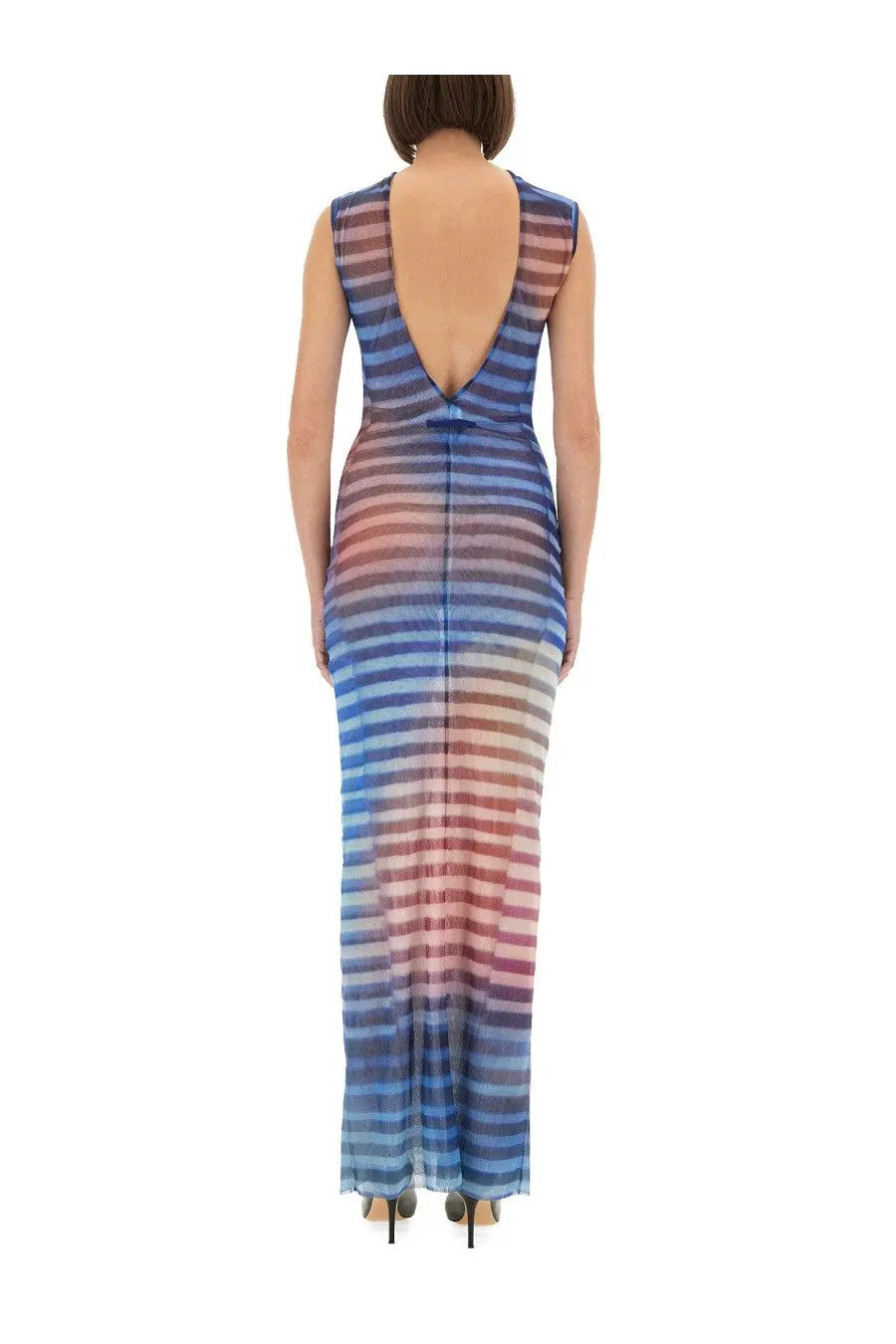 Jean Paul Gaultier women’s sleeveless floor-length dress with blue and pink gradient horizontal stripes