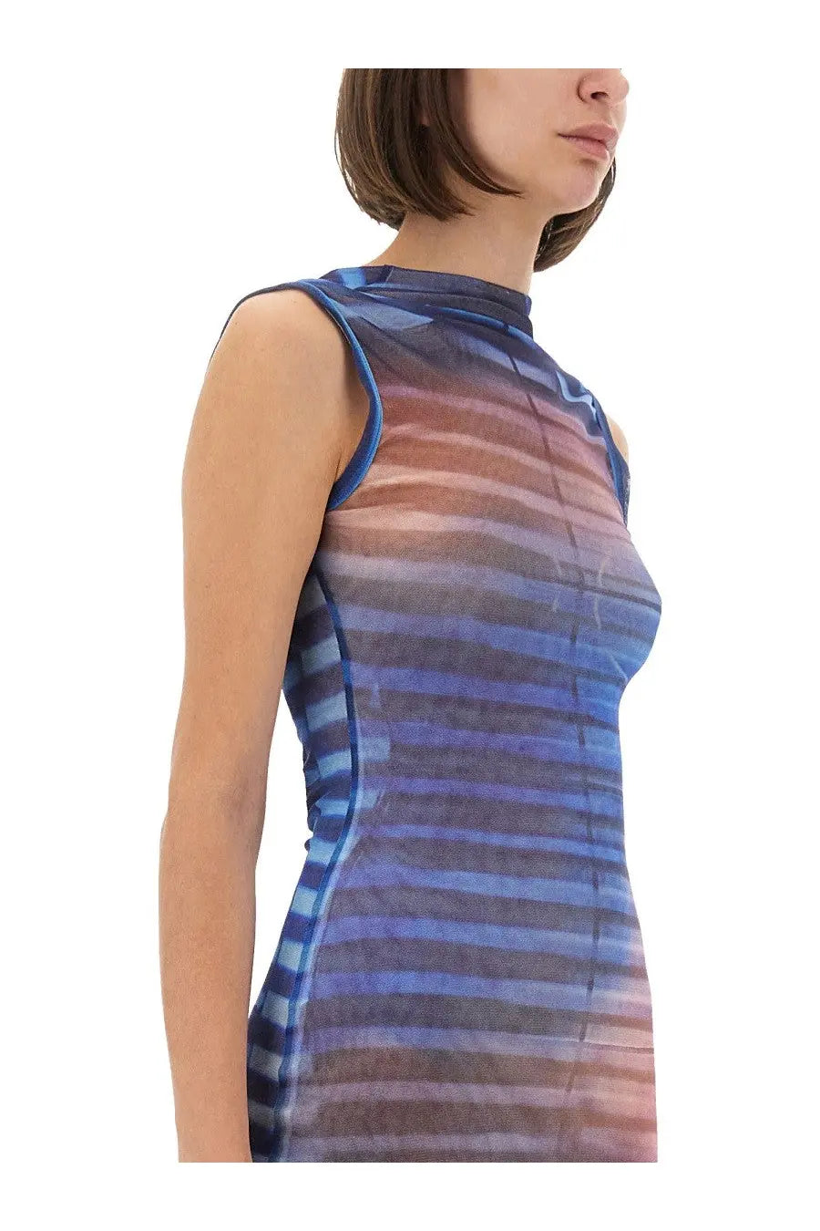 Jean Paul Gaultier women’s sleeveless high neck long dress in sheer mesh with blue to pink horizontal stripes