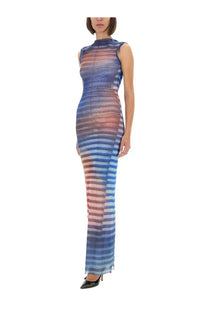 Jean Paul Gaultier women’s sleeveless high neck sheer mesh maxi dress with blue pink and white stripes