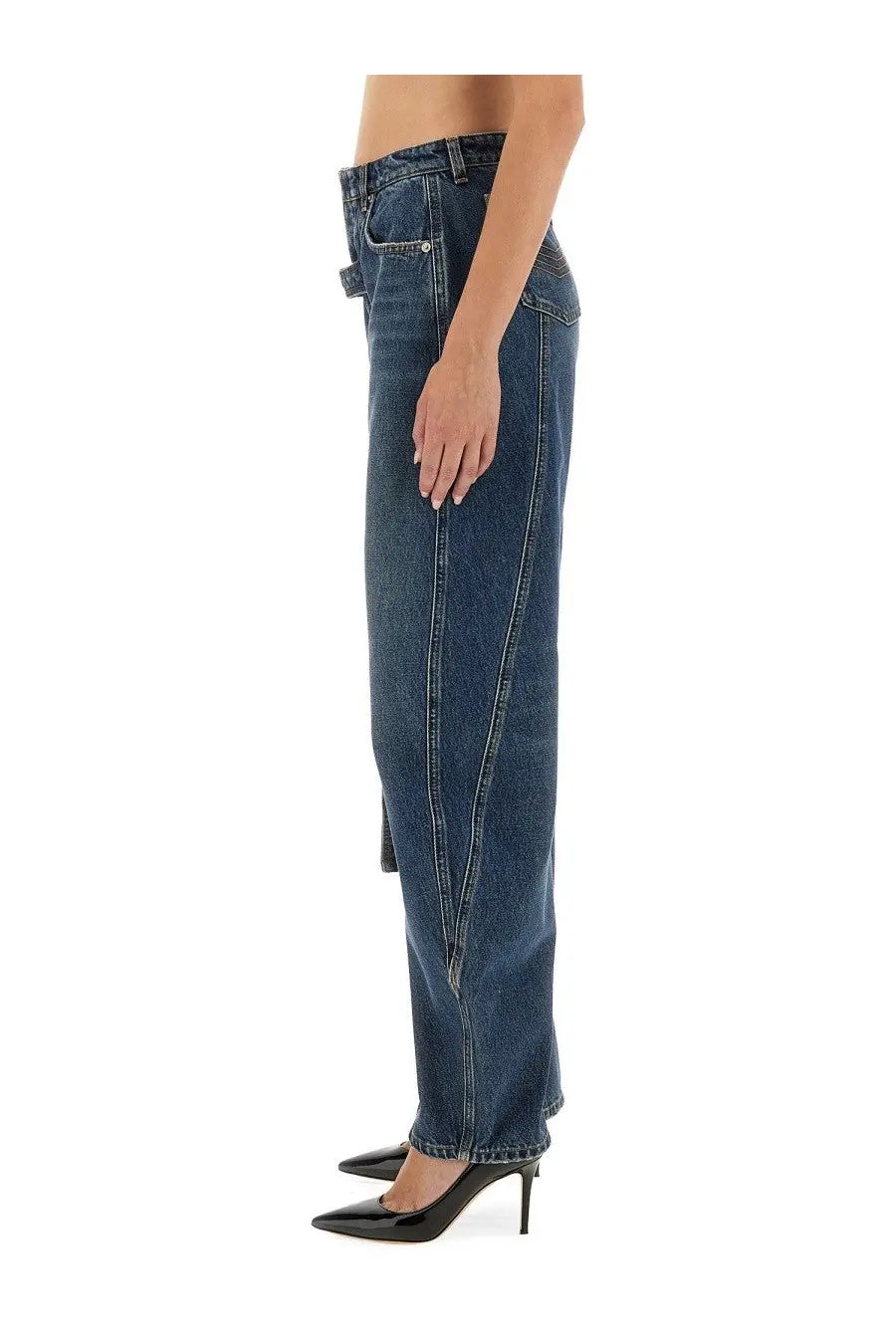 Jean Paul Gaultier women’s low rise jeans in dark blue denim with wide-leg cut and visible stitching details