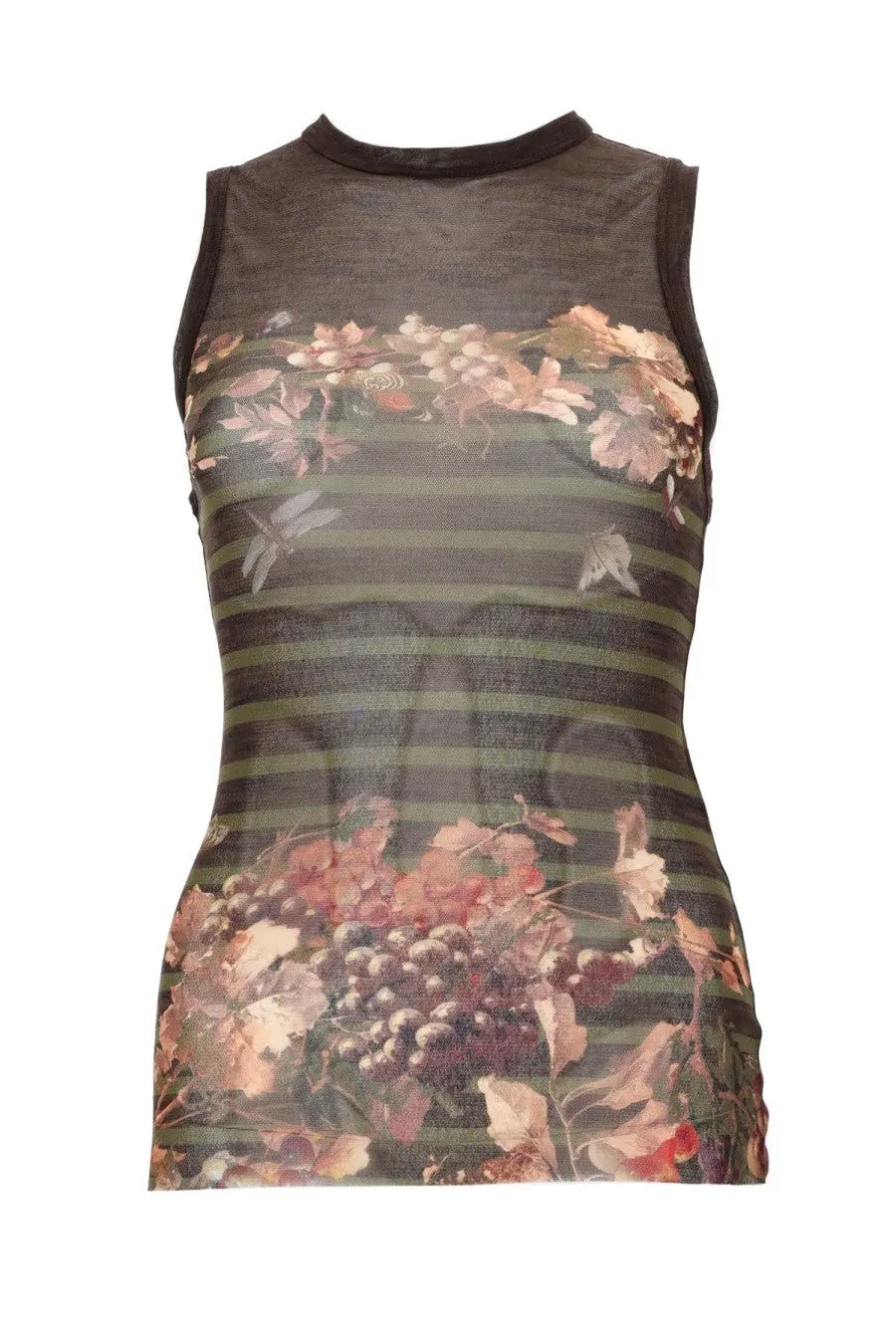 Jean Paul Gaultier women’s sheer black sleeveless top with olive green stripes and muted floral print multicolor