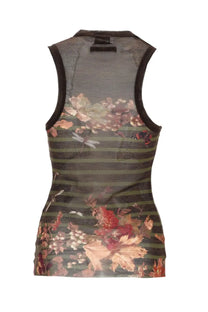 Jean Paul Gaultier women’s sheer sleeveless top with black trim and red floral pattern over olive green stripes