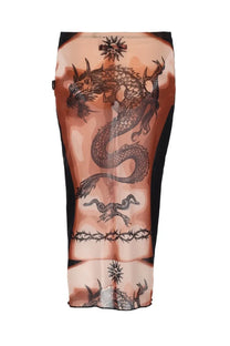 Jean Paul Gaultier women’s sheer peach midi skirt with black dragon tattoo print and sun motifs along the sides
