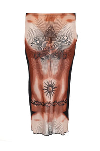 Jean Paul Gaultier women’s peach mesh midi skirt with black tattoo-style muscular torso and safe sex for ever design
