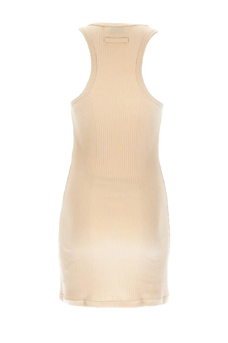 Beige ribbed knit sleeveless mini dress by jean paul gaultier with simple back neckline and subtle seam detailing