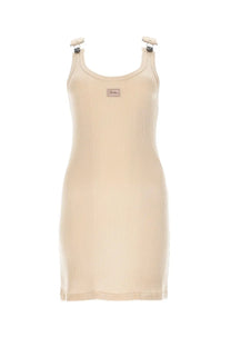 Beige ribbed knit sleeveless mini dress with adjustable straps and brand patch by Jean Paul Gaultier