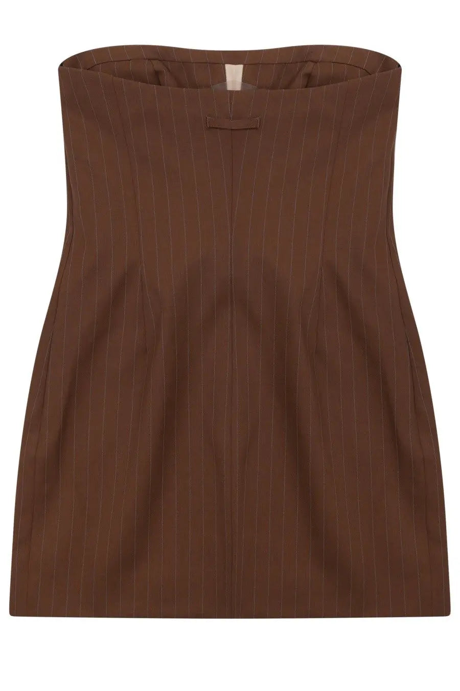 Jean Paul Gaultier women’s brown pinstripe strapless mini dress with tailored fit and subtle vertical stripes