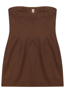 Jean Paul Gaultier women’s brown pinstripe strapless mini dress with tailored fit and subtle vertical stripes