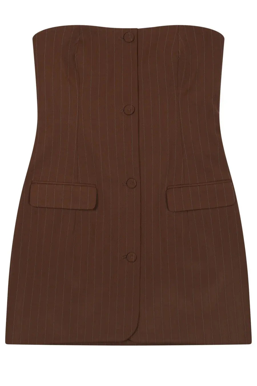 Jean Paul Gaultier brown pinstripe corset dress with front button closure and flap pockets for women