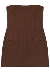 Jean Paul Gaultier brown pinstripe corset dress with front button closure and flap pockets for women